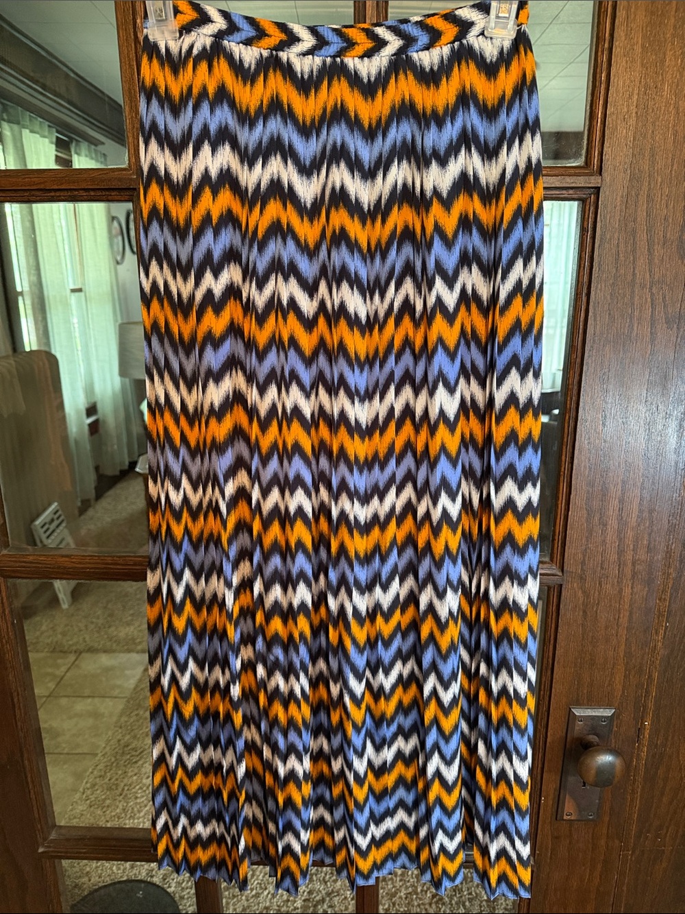 Michael Kors Orange Blue‎ Chevron Ikat Pleated Midi Skirt Womens Small